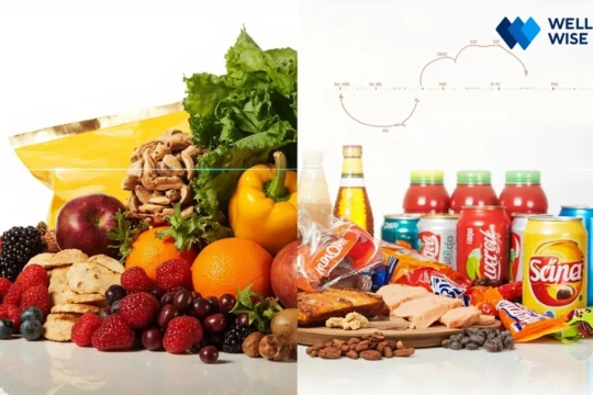 Comparison of whole foods versus ultra-processed foods, symbolizing a future scientific study on their health effects.