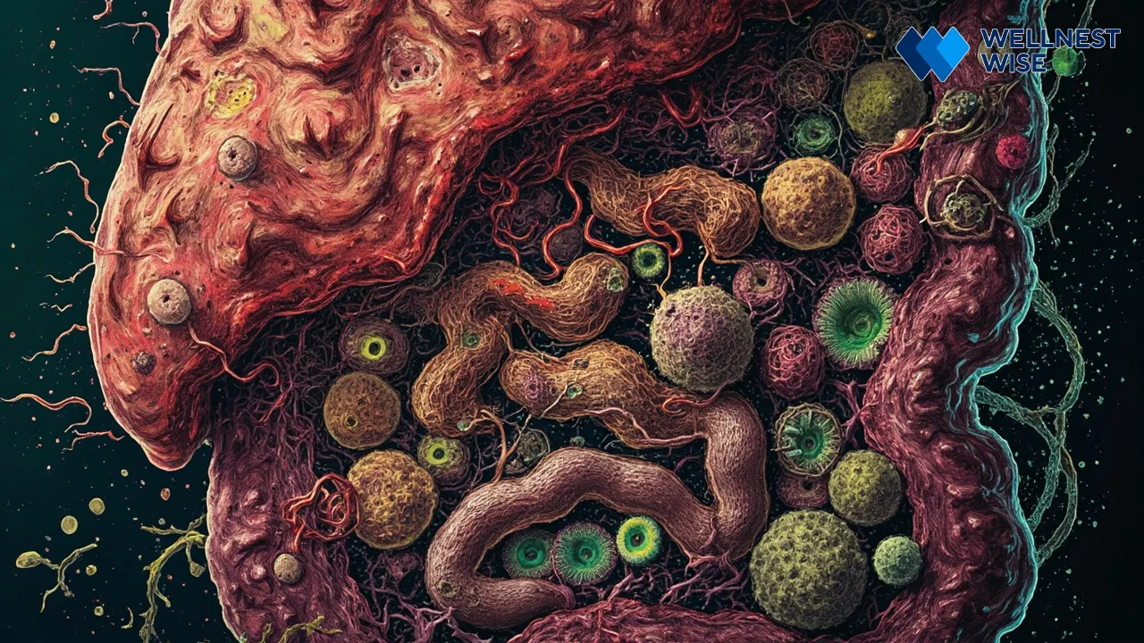 Diagram illustrating the biological mechanisms of harm from ultra-processed foods, including gut dysbiosis and inflammation.