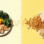 Comparison of healthy whole foods versus unhealthy ultra-processed foods, symbolizing diet's impact on longevity.