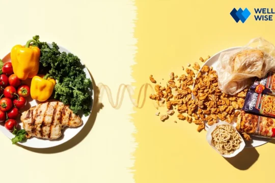 Comparison of healthy whole foods versus unhealthy ultra-processed foods, symbolizing diet's impact on longevity.
