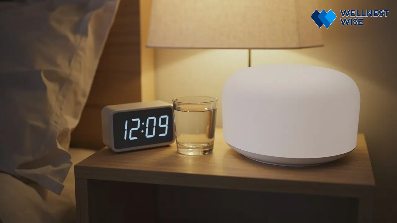A white noise machine on a tidy bedside table, promoting effective sleep preparation.