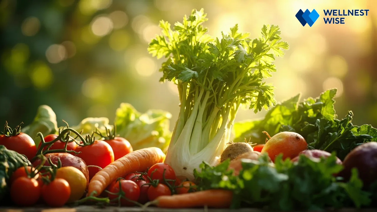 Artistic representation of celery and other anti-inflammatory foods radiating health benefits