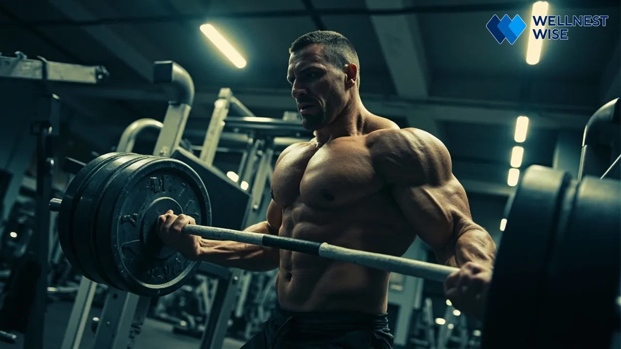 Strong athlete lifting weights in a gym, demonstrating increased strength and performance from creatine.