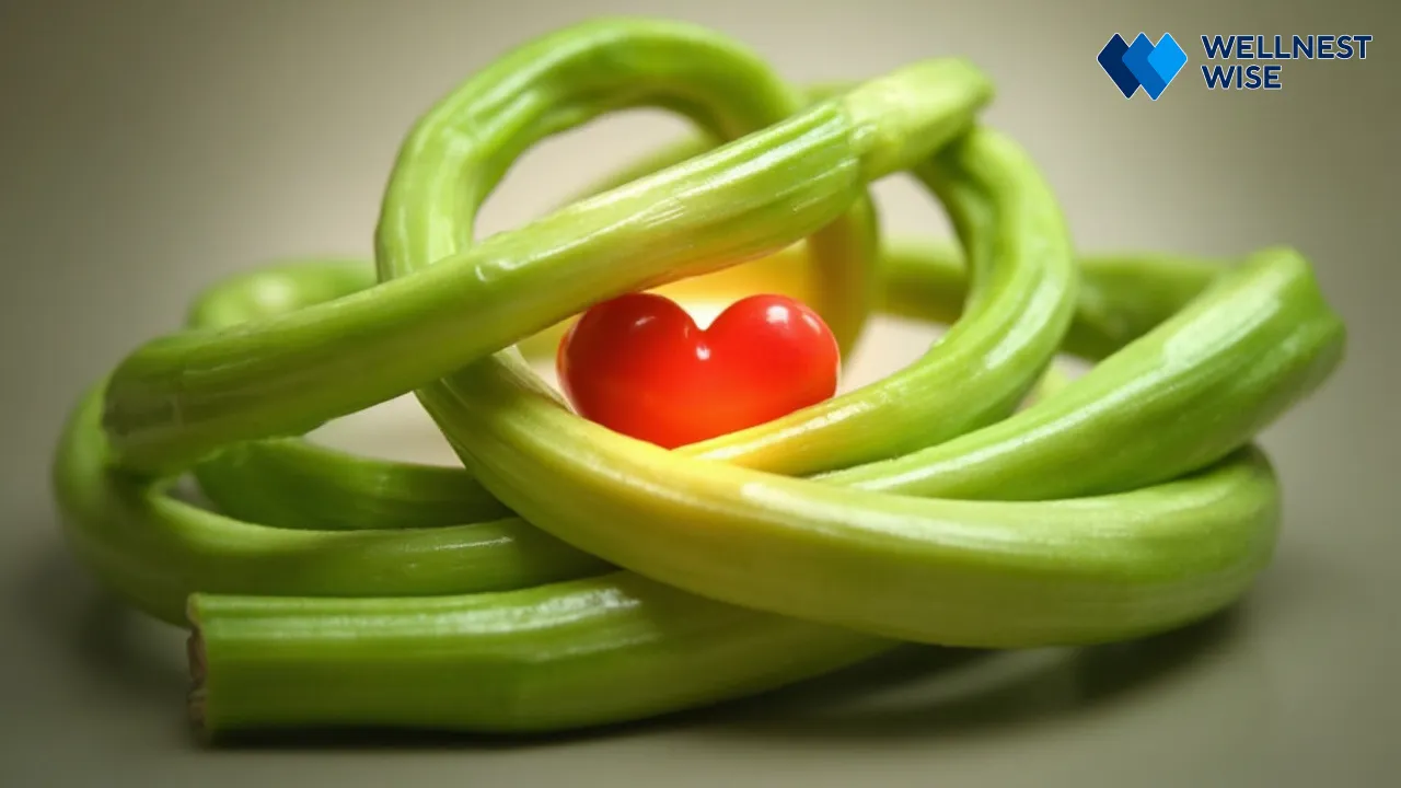 Celery stalks metaphorically protecting a heart, symbolizing cardiovascular health benefits