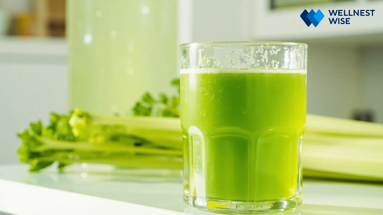 Glass of celery juice with fresh celery stalks, representing hydration and health