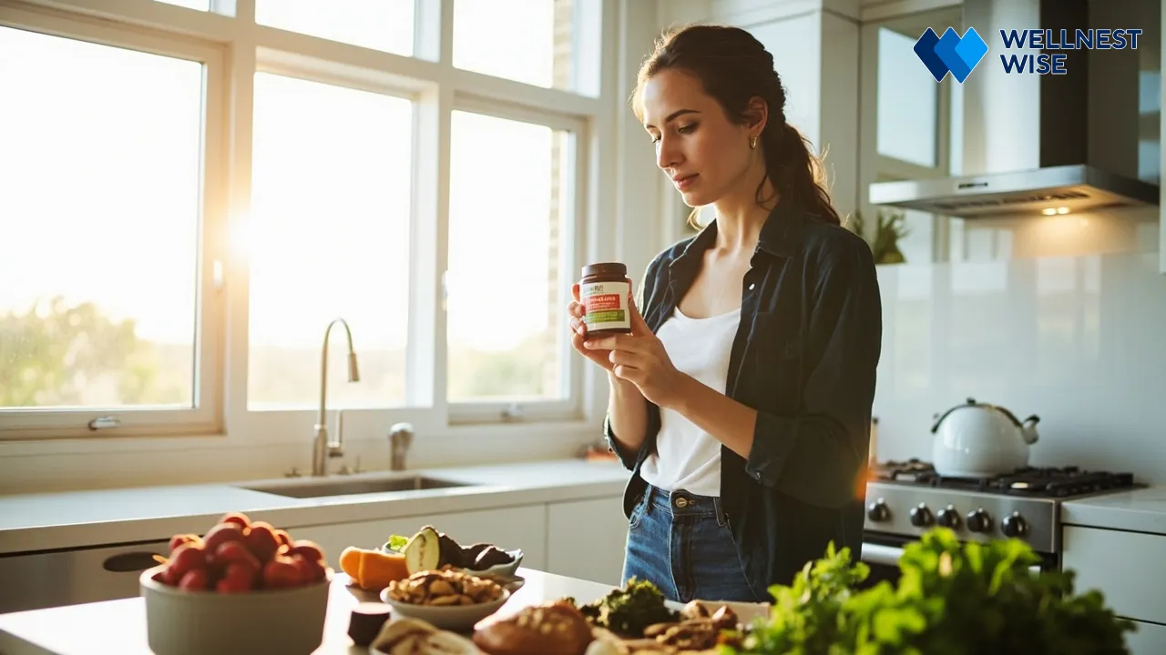 Person examining probiotic supplement label for IBS