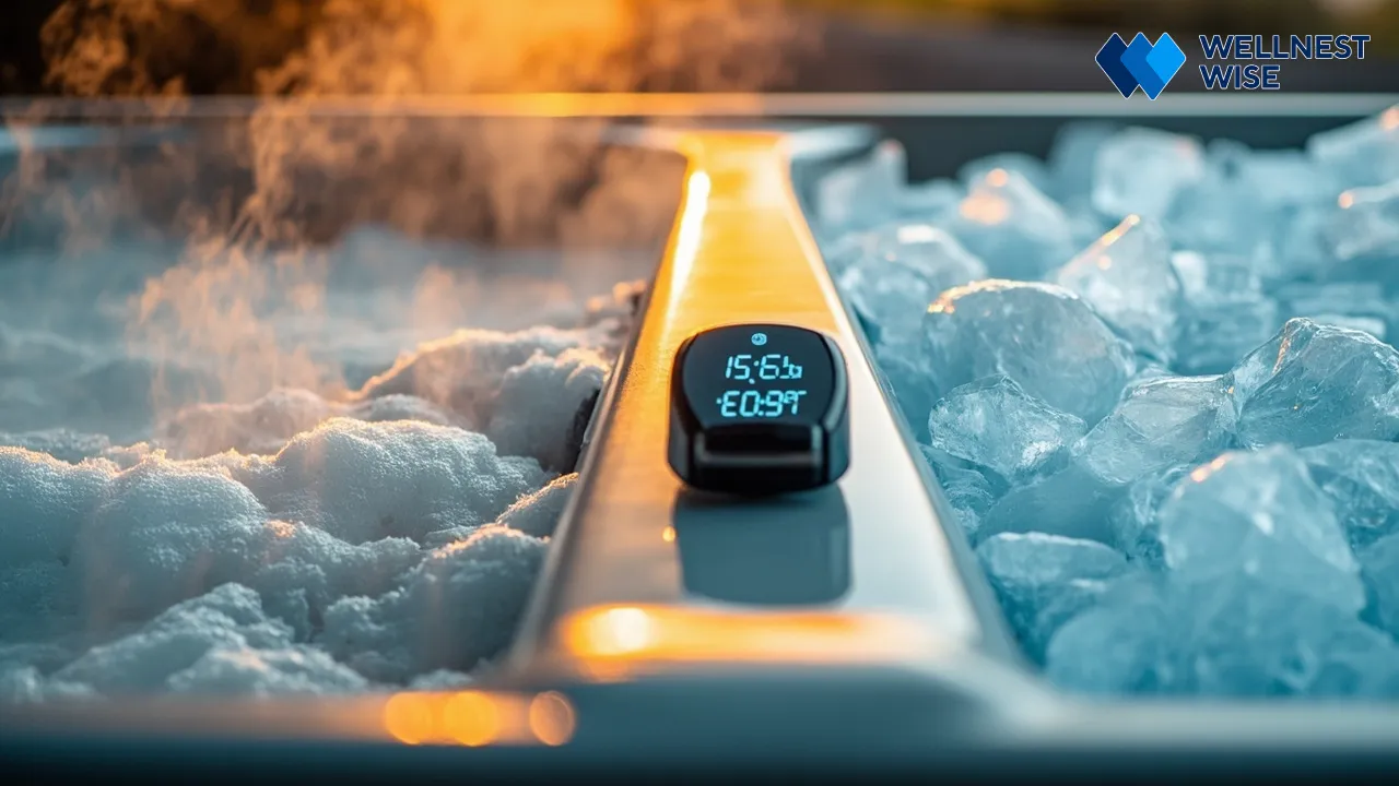 Thermometer showing ideal cold plunge temperature next to a hot water tub for contrast therapy protocols.