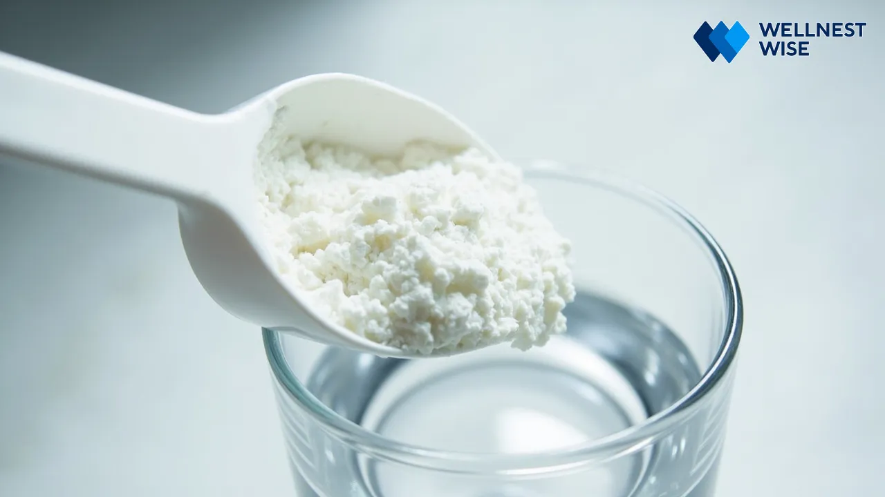 Scoop of creatine monohydrate powder ready to be mixed, demonstrating proper creatine preparation.