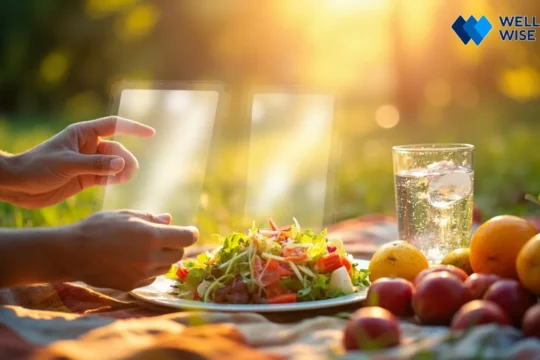 Person setting digital boundaries to enjoy a healthy meal and nature, promoting well-being