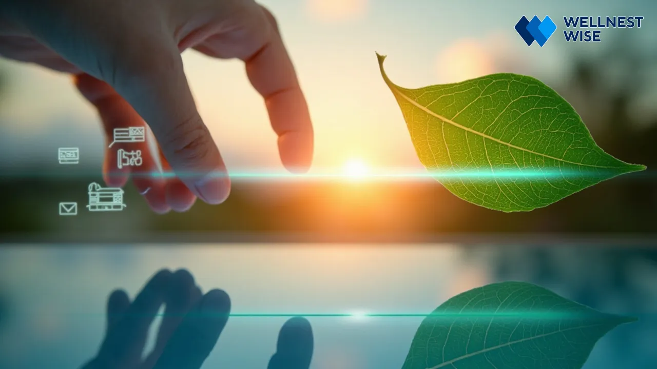 Hand drawing digital boundary on screen to nature, symbolizing digital wellness