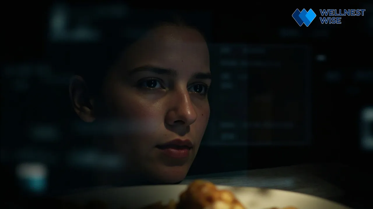 Person's face with digital overlays, contemplating meal, showing digital life impact