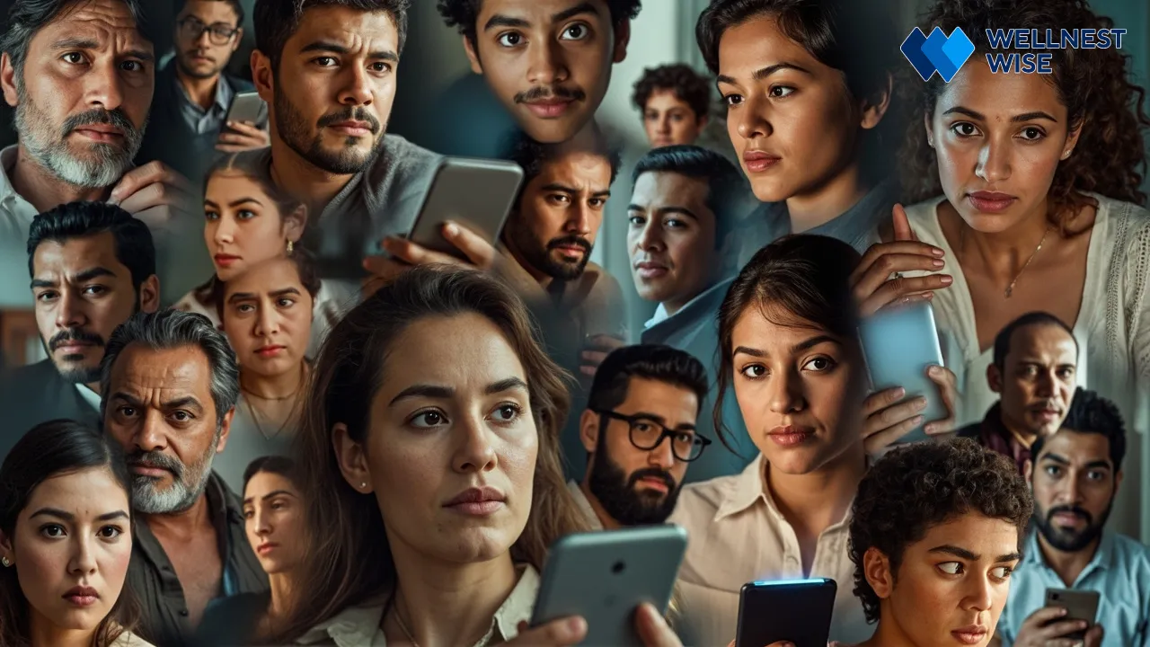 Diverse individuals using mental health apps for various emotional needs