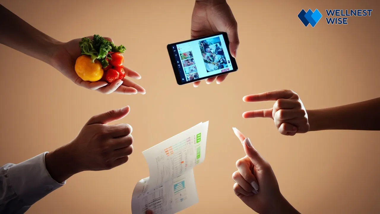Diverse hands forming a circle, symbolizing various components of a diet support network