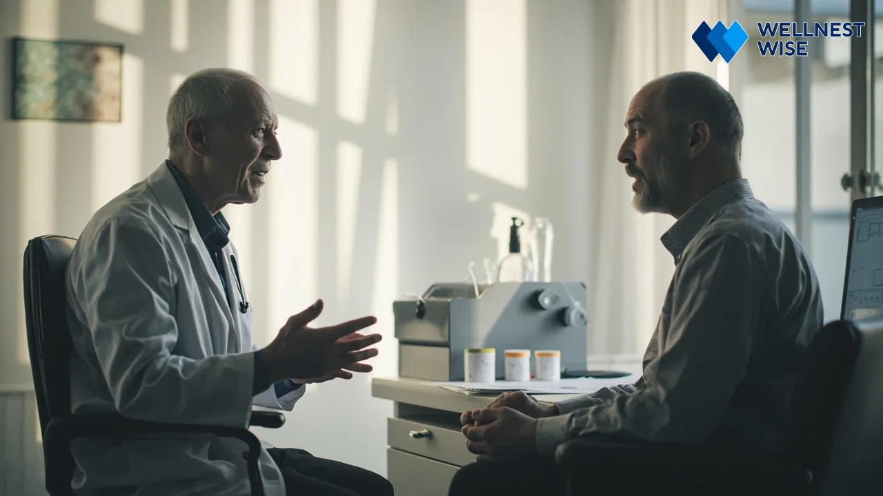 Illustration of a doctor and patient discussing medication, representing safety and informed consent for IBS treatment.