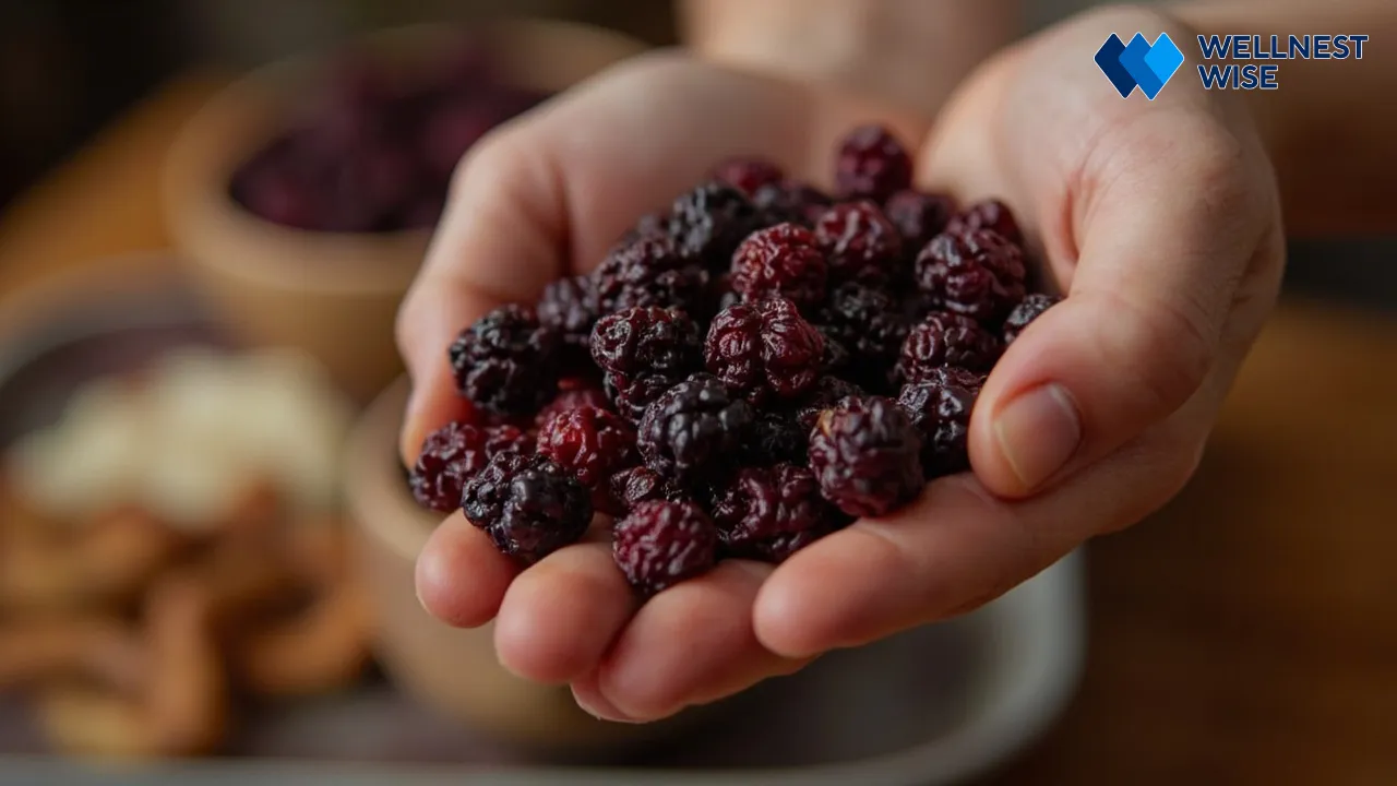 Hand holding dried mulberries as a healthy snack.