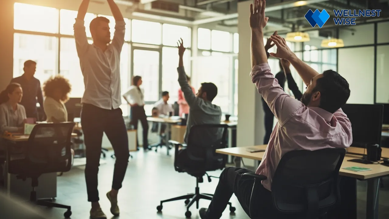 Office workers taking active stretch breaks to improve posture and reduce sedentary time.
