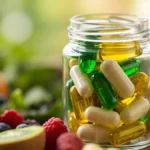 Assortment of colorful synbiotic supplement capsules next to fresh fruits and vegetables for gut health