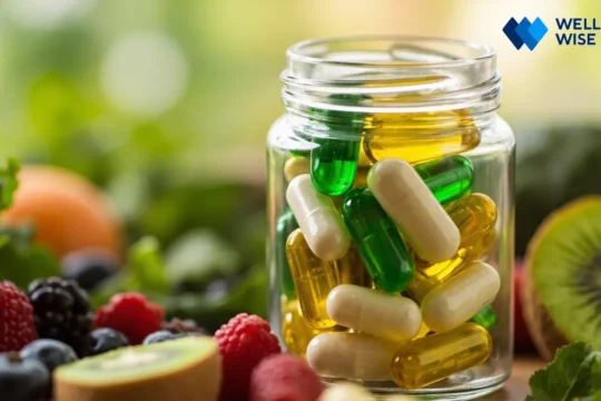 Assortment of colorful synbiotic supplement capsules next to fresh fruits and vegetables for gut health