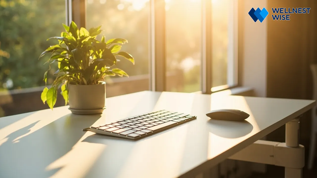 Holistic ergonomic desk setup with standing option and natural light.