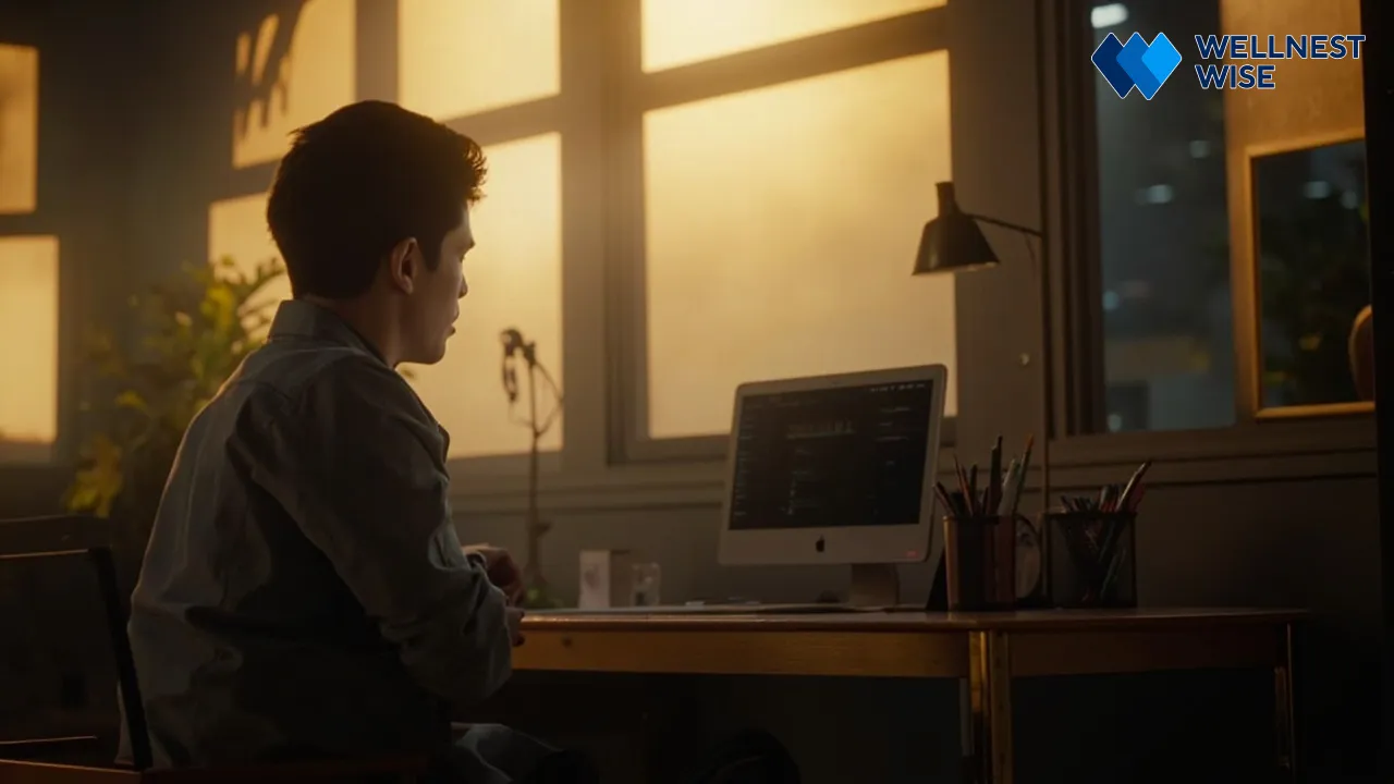 Person demonstrating correct sitting posture at an ergonomically designed desk.