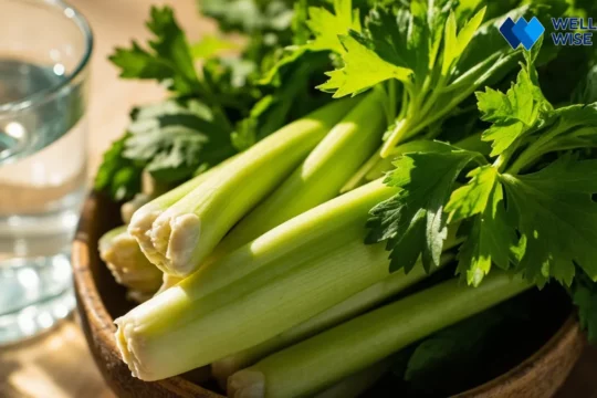 Fresh celery stalks and leaves in a wooden bowl, symbolizing healthy nutrition and natural benefits