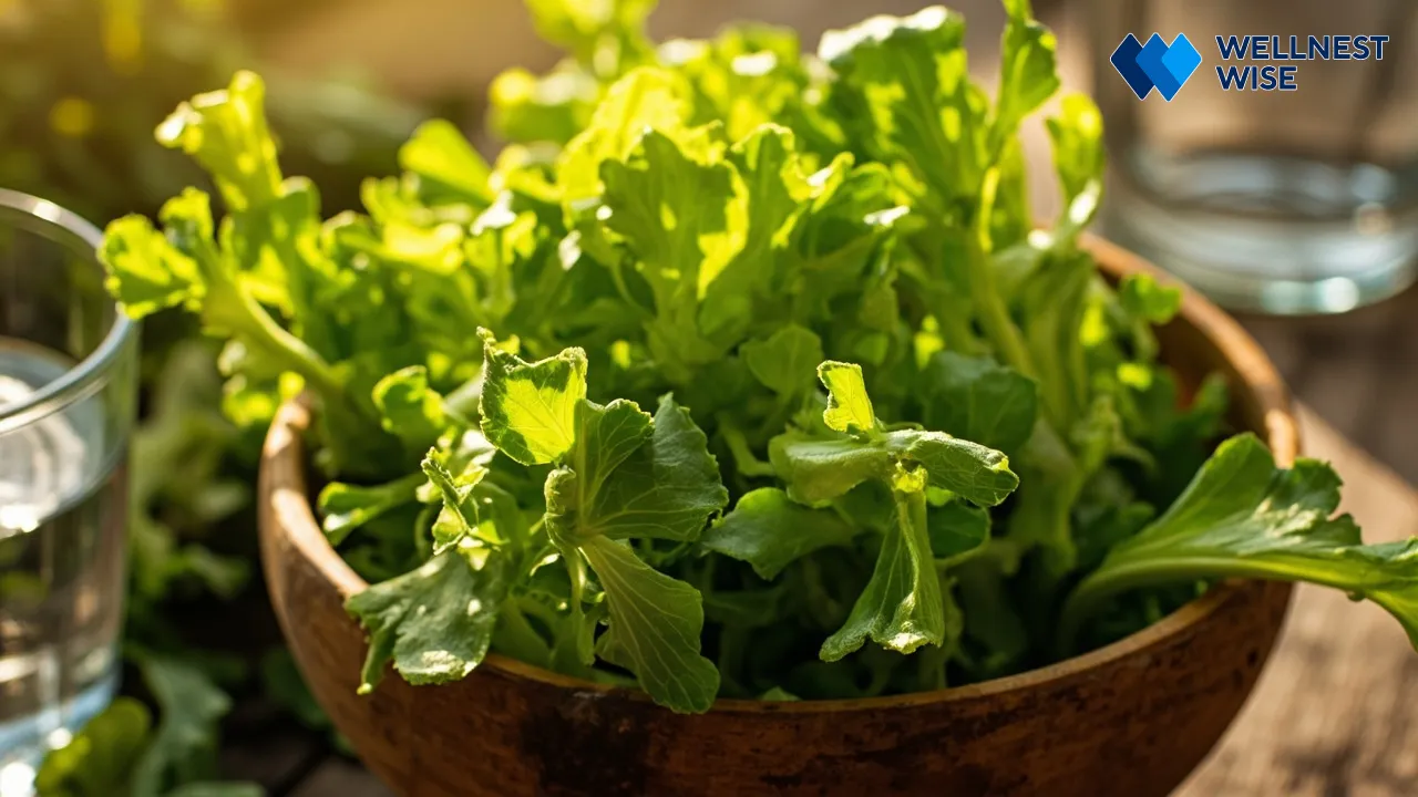 Fresh celery stalks and leaves in a wooden bowl, symbolizing healthy nutrition and natural benefits