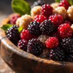 Assorted fresh mulberries in a wooden bowl, showcasing red, purple, and white varieties.