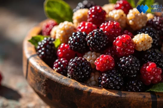 Assorted fresh mulberries in a wooden bowl, showcasing red, purple, and white varieties.