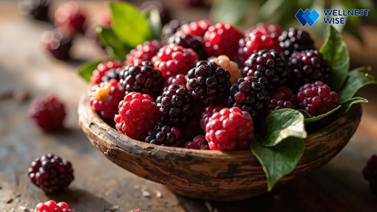 Assorted fresh mulberries in a wooden bowl, showcasing red, purple, and white varieties.