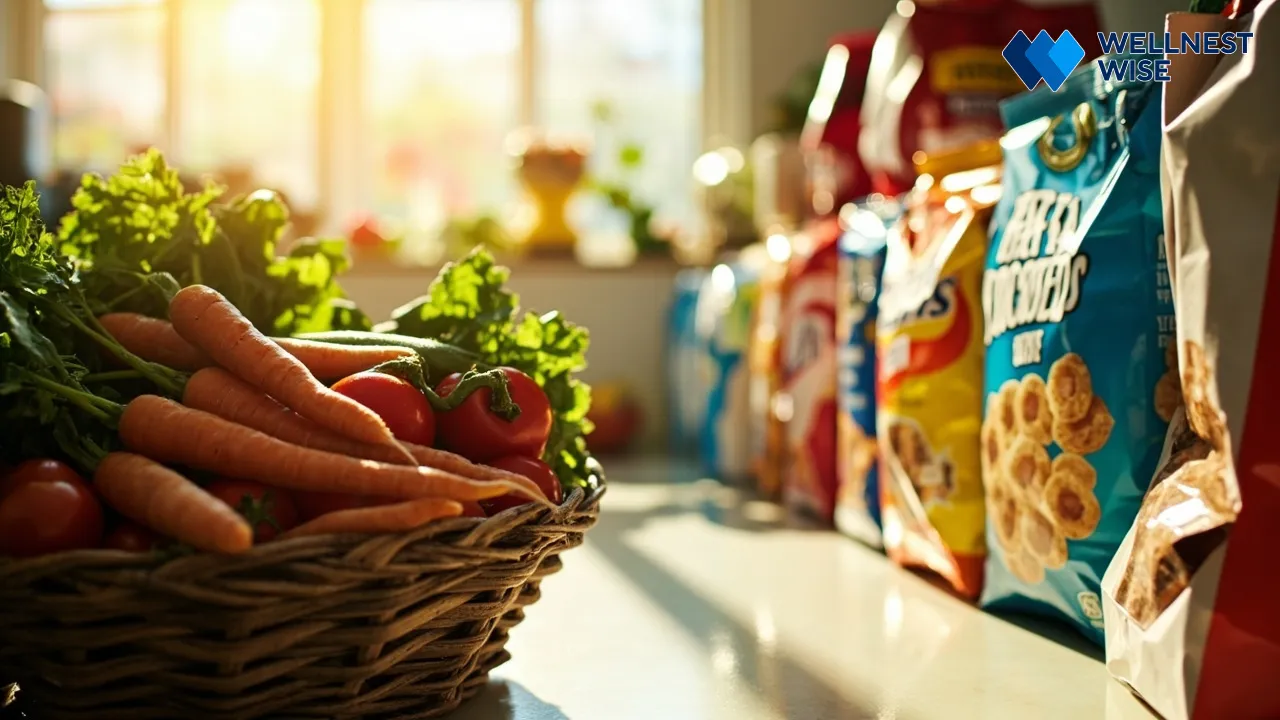 Fresh whole foods contrasting with brightly packaged ultra-processed foods.