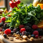 Assortment of fresh, colorful whole foods on a cutting board, representing healthy eating without ultra-processed ingredients.
