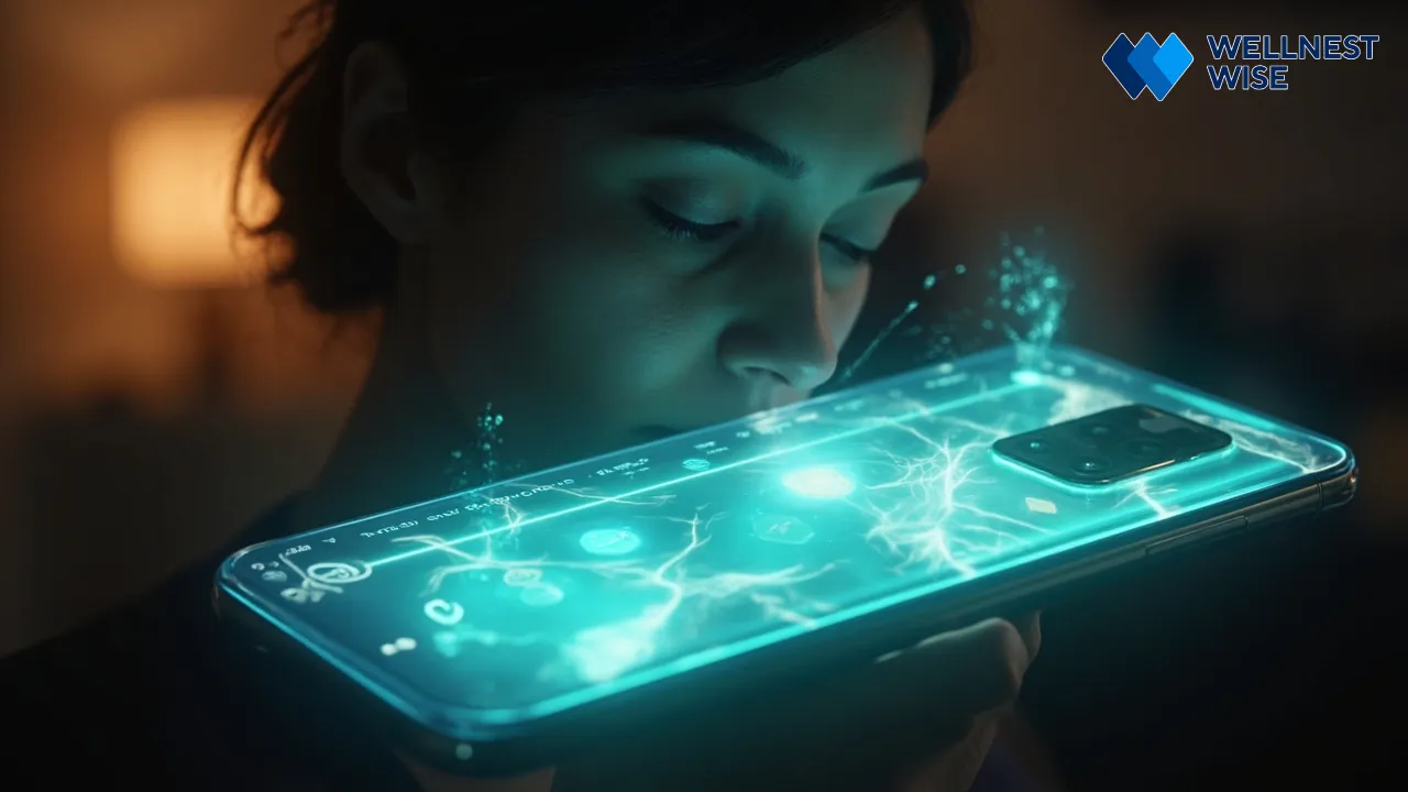 Futuristic smartphone displaying advanced mental health app interface with holographic elements