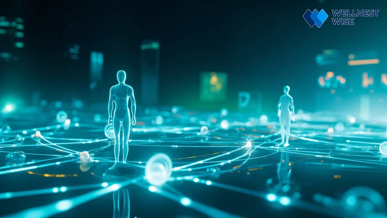 Abstract visualization of future wearable health tech, interconnected data, and ethical considerations.