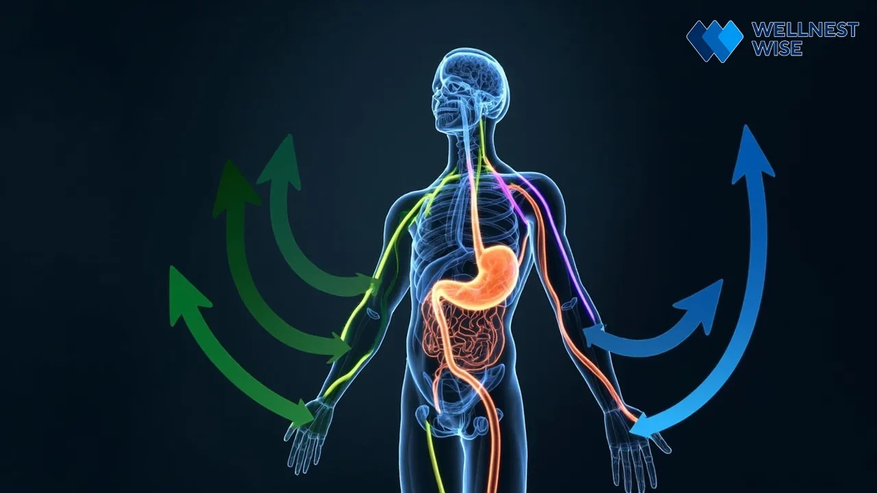 Diagram showing GLP-1 agonist effects on brain, stomach, and pancreas, illustrating systemic impact on the body.