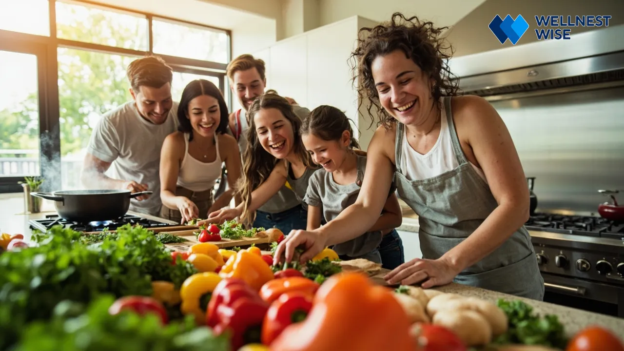 Group of people cooking a healthy meal together in a clean kitchen.