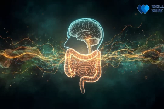 Illustration showing the intricate connection between the gut and brain, symbolizing the gut microbiome's role in mental health.