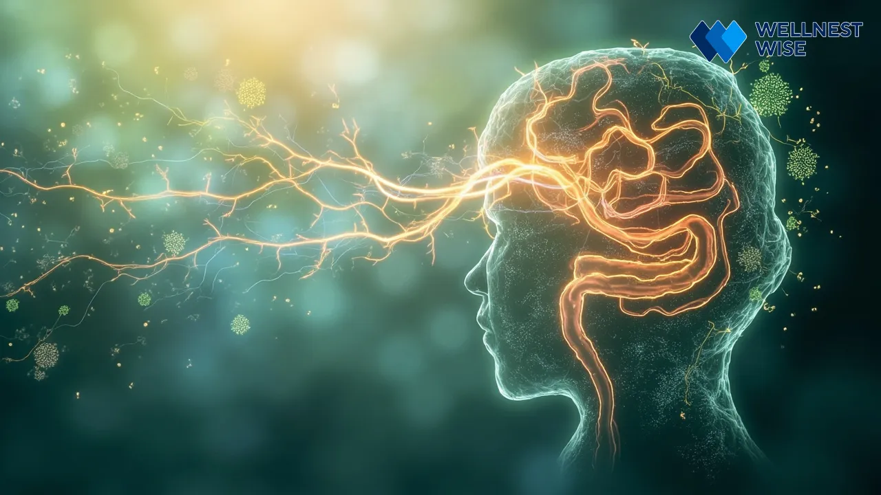 Illustration showing the intricate connection between the gut and brain, symbolizing the gut microbiome\'s role in mental health.