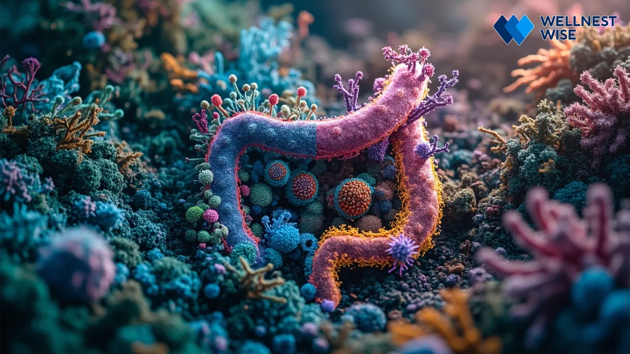Visual comparison of healthy and dysbiotic gut microbiomes.