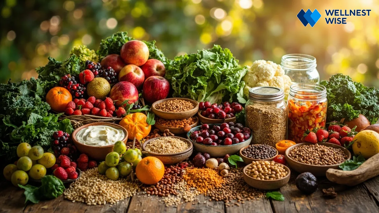 A variety of gut-healthy foods for supporting microbiome and mood.