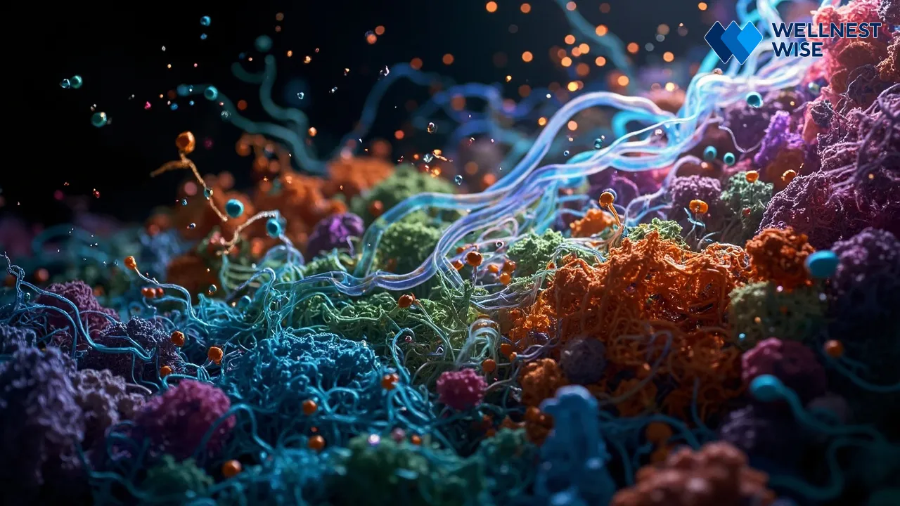 Microscopic view of a healthy and diverse gut microbiome.