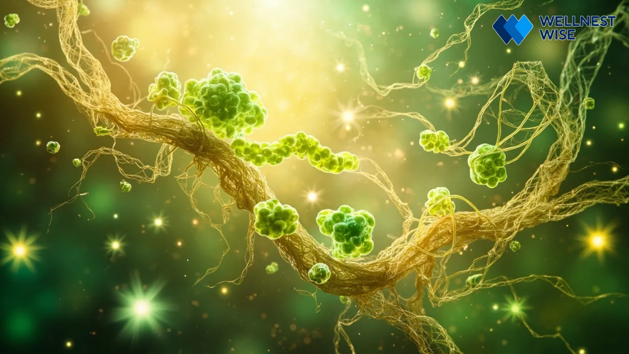 Scientific illustration of gut bacteria fermenting prebiotic fiber in the intestine, producing short-chain fatty acids.