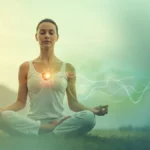 Person meditating with visual representation of healthy heart rate variability