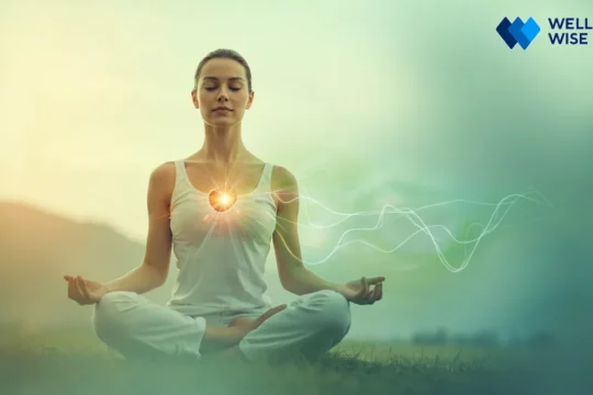 Person meditating with visual representation of healthy heart rate variability