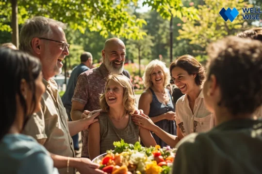 Diverse group smiling, supporting each other in a healthy lifestyle community