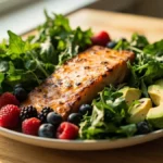Healthy low-carb meal with salmon, mixed greens, avocado, and berries