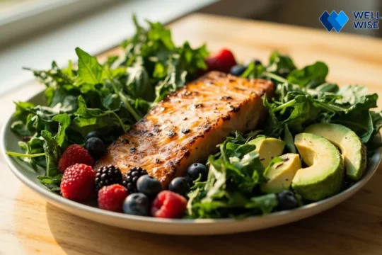 Healthy low-carb meal with salmon, mixed greens, avocado, and berries