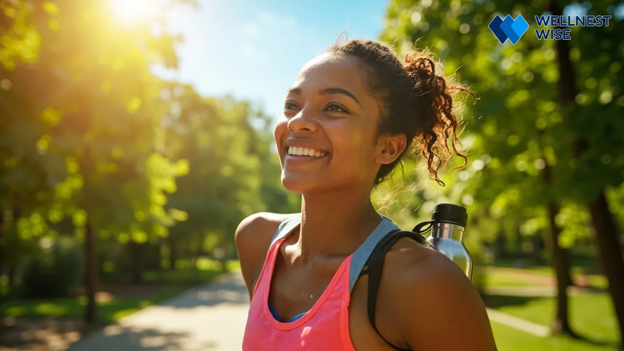 Energetic person walking in a sunny park, symbolizing health and vitality.