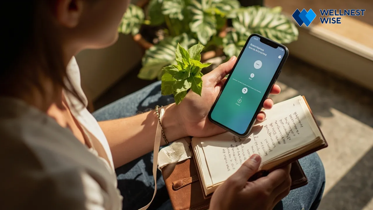 Person balancing mental health app use with journaling and nature for holistic wellness