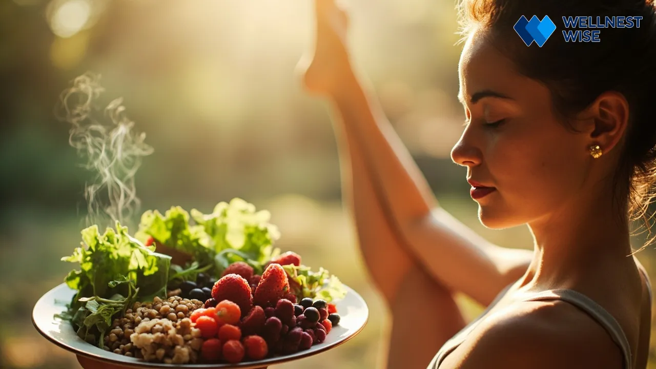 Illustration of holistic IBS management including diet, exercise, and mindfulness.