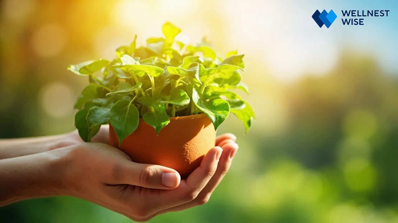 Hand holding a healthy plant, representing growth and holistic well-being through diet.